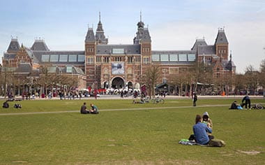 A view towards the exterior of the Rijksmuseum in Amsterdam, Netherlands